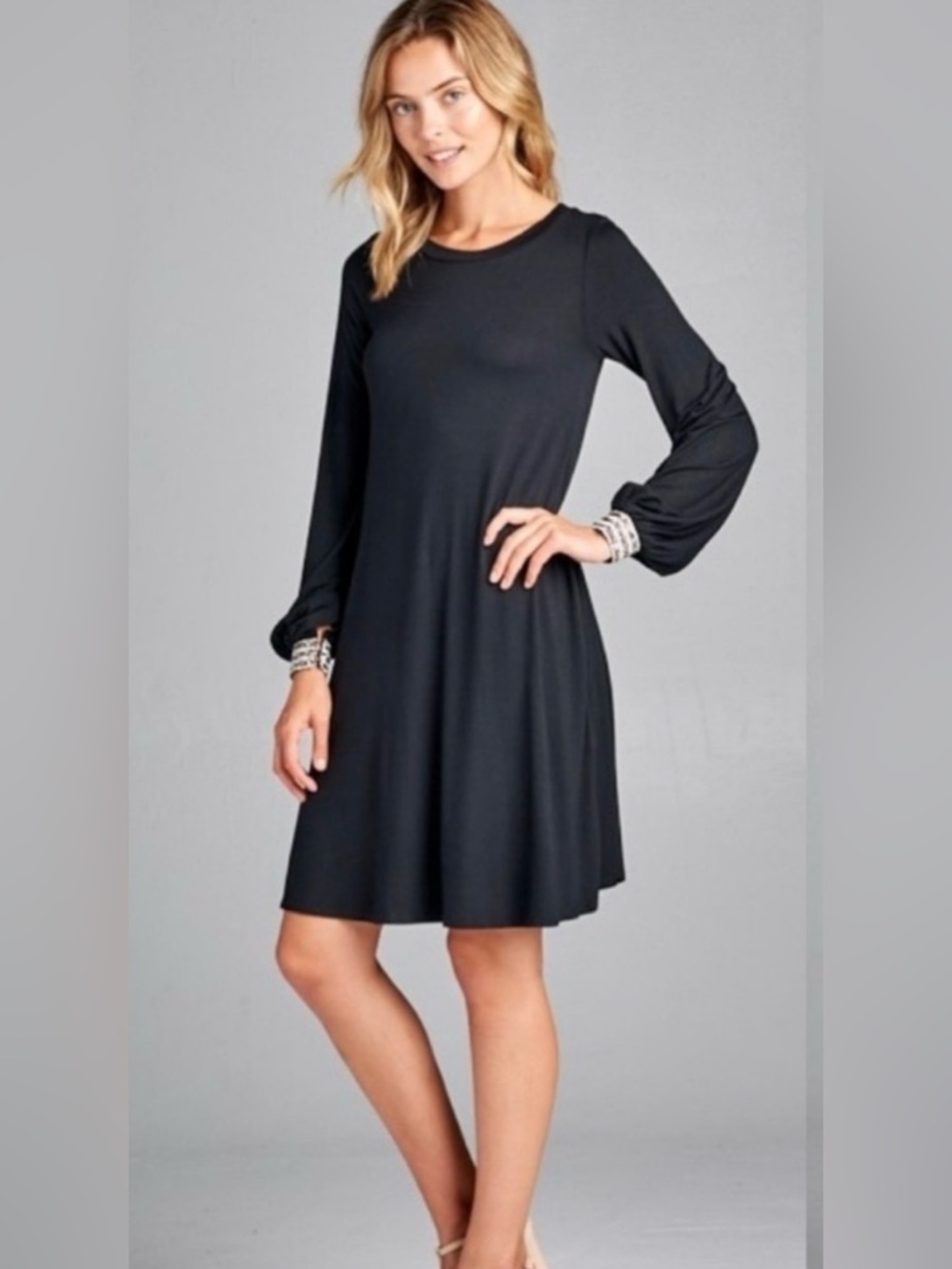 New Adorable Black Lightweight Mini Dress With Bracelet Cuff Sleeves